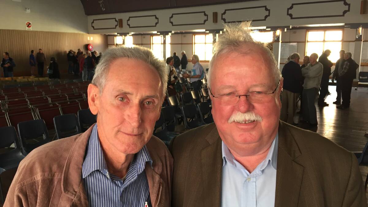 Marlborough, Qld grazier Alf Collins, founding member of the Australian Beef Association, with Queensland senator Barry O’Sullivan at Casino on Monday.