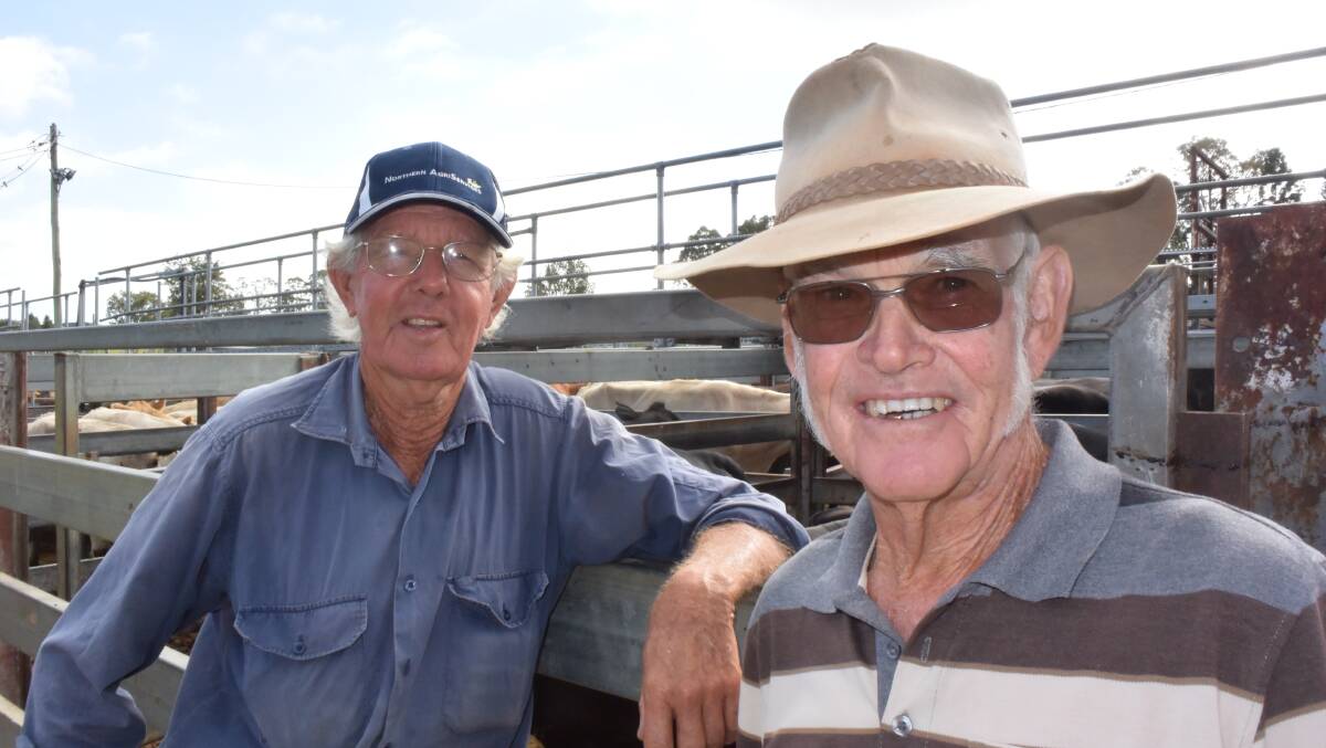 Roy Grebert and Kevin Power, Waterview, considered prices and returns during Thursday's Grafton store sale.