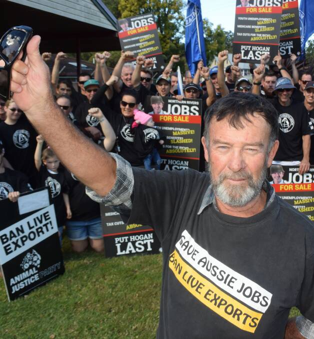 Australasian Meat Industry Employees Union organiser Mark Cook takes a stand in Lismore.
