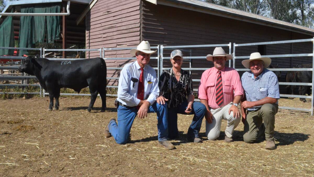 Peter Cook, Barana Pastoral, Coolah (right), who purchased the top-priced bull calf for $11,500 in partnership with JF Agriculture, Gunnedah, in October 2015, from Rob and Pam Crosby, Kansas Angus, Boggabri, with Josh Crosby, Elders Stud Stock, Dubbo.
