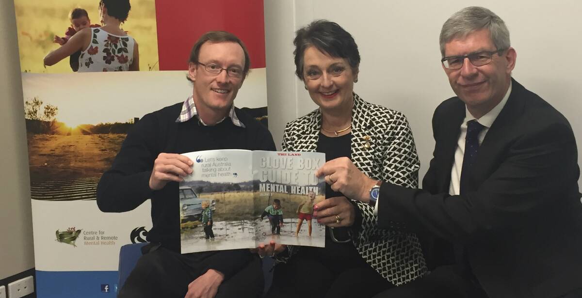 The Land editor, Andrew Norris, Mental Health Minister Pru Goward, and Centre for Rural and Remote Mental Health director Darren Perkins launch the fifth The Land Glove Box Guide to Mental Health in Orange. The Guide is available in this week's The Land.