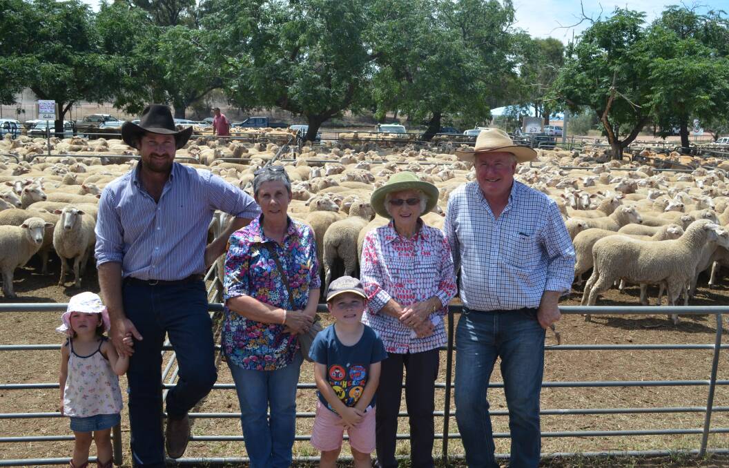 Four generations of the Durnan family, "Weeroona", Narrandera: Gwenyth, Tim, Sue, Ross, Joan and Colin, saw their ewe lambs sold for $192.