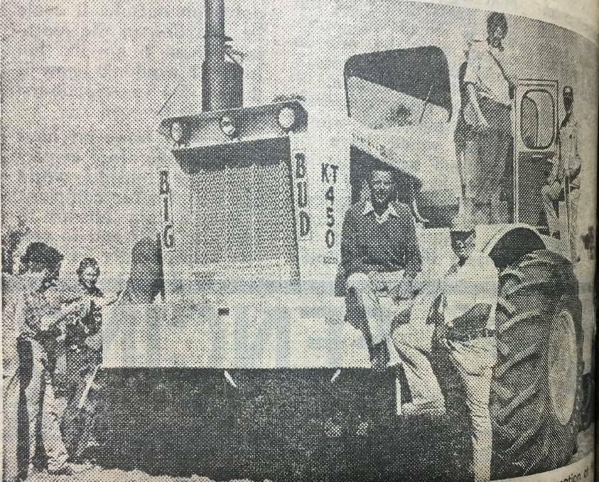 Big Bud with John Shearer Ltd state manager Peter Burgess, and Northern Engineering engineering consultant Bud Nelson at AgQuip 1976.