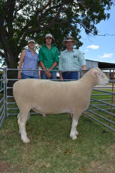 Pictured with the top-priced Narranmore Poll Dorsets ram is stud owner Christine O'Leary with son Duncan and Milling Stuart agent Angus Stuart, Dunedoo. 