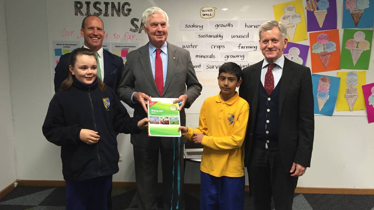 National Soils advocate Major-General Michael Jeffery launching Rising Salt with Year six students from Wanniassa Hills Primary School students and PIEFA chief executive Ben Stockwin and Primary Connections executive director David Kellock.