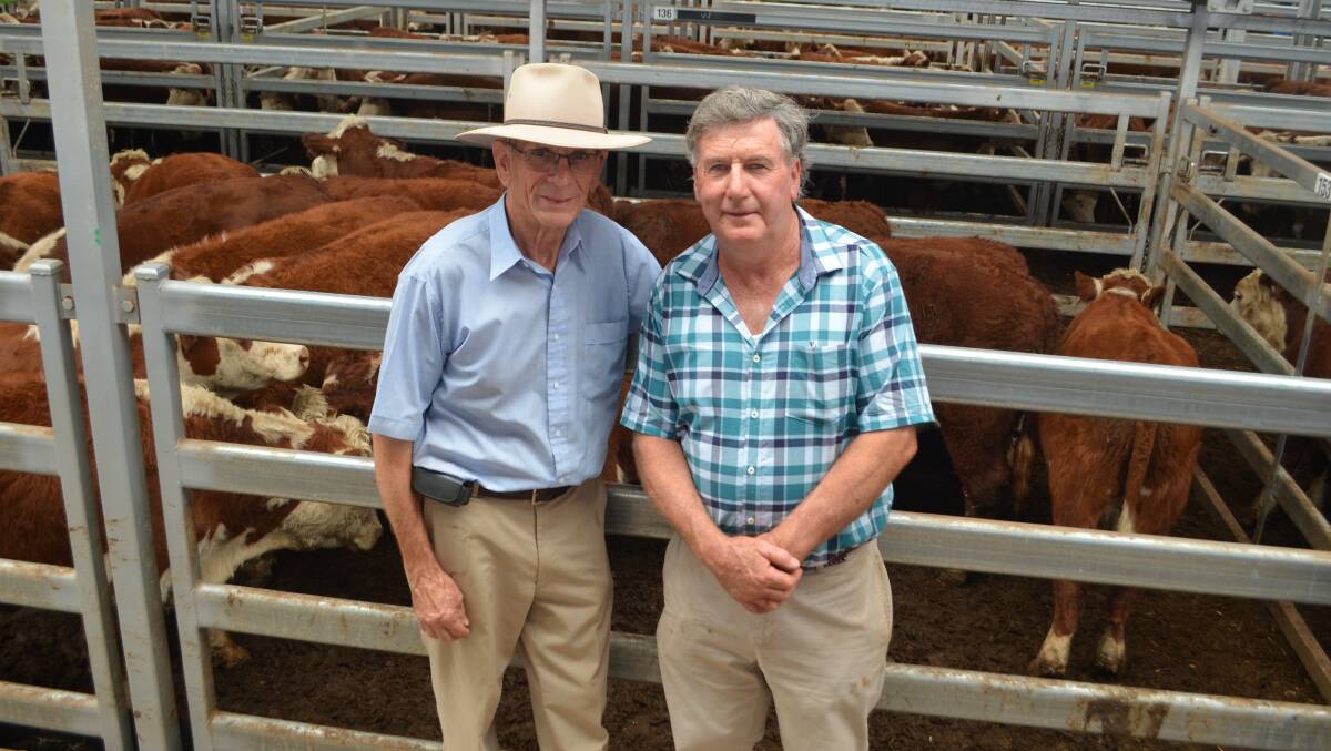 Ian Wilson, Ruglen Herefords, Wooragee, Victoria, with Robin Warner, Danetree Herefords, Wooragee, who sold 20 Hereford steers for $1220 at the Wodonga store cattle sale last Thursday. Photo by Stephen Burns.