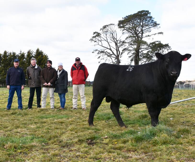 Glynn Langford and Keith Kerridge, with Scott and Tristan Kensit, "Hollywood", Crookwell, and agent Dan Tarlinton, Elders Crookwell, and $12000 top-price bull Bannaby Up River M15