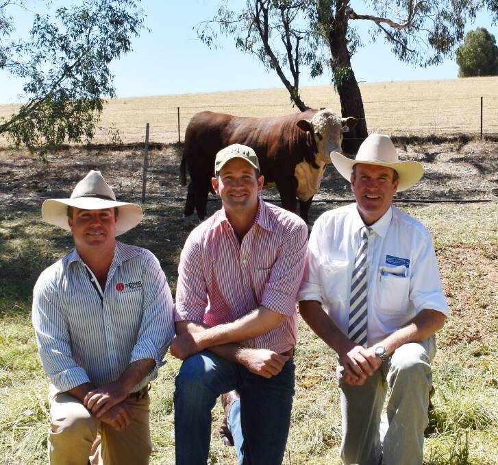 Injemira's principal, Marc Greening, with purchaser of $50,000 top price bull, Sam Becker, Jarrah Cattle Co, Banana, Qld, and guest auctioneer, Paul Dooley, Tamworth.