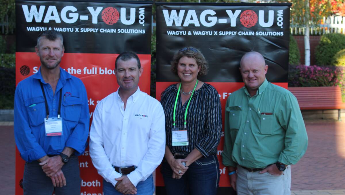 Anthony and Chantal Winter, Macquarie Wagyu, Leyburn, QLD, with Jeremy Seaton-Cooper, Wag-You.com, Marulan, and John Settree, Landmark Dubbo, who purchased 10 units of semen in Macquarie Wagyu Y408 for an Australian record price of $28000 per unit on behalf of Miku Wagyu, South Africa.