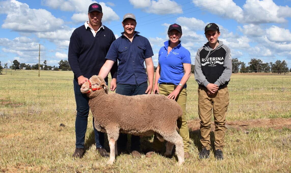 Purchasers of top price ram Shannon and Lachlan Boyd, "Pinecroft", Cowra with Aloeburn principal Jodie Green and the Boyd's cousin Sam Neil, Coolamon.
