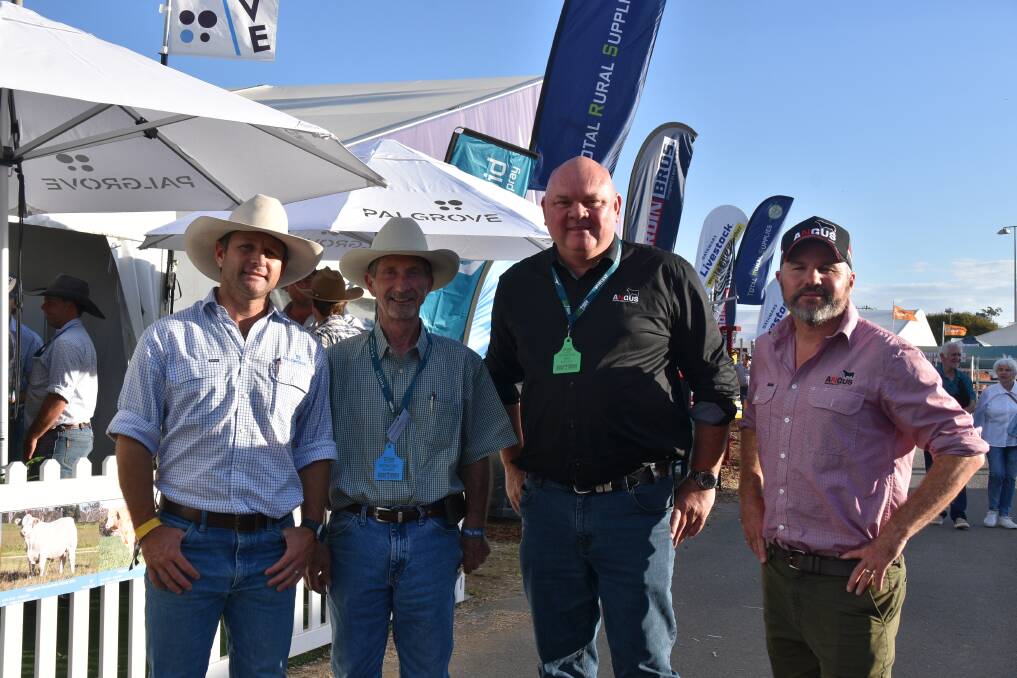 Business Development and Genetics manager at Palgrove, Ben Noller, executive vice president of International Brangus Breeders' association, Dr Darrell Wilkes, San Antonio, Texas, USA, Angus Australia CEO Scott Wright, and Genetic Improvement's general manager Christian Duff at Beef 2024. Picture: Ben Harden 