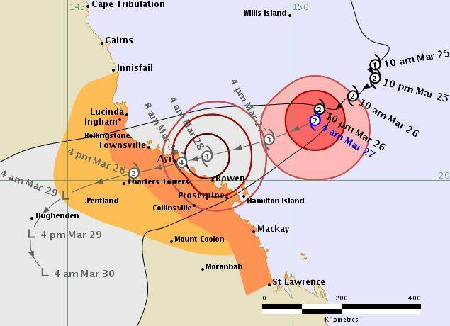 CYCLONE WATCH: Tropical Cyclone Debbie Forecast Track Map. Photo: Bureau of Meterology.