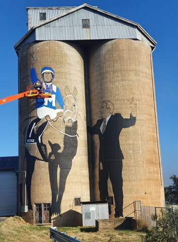 Up, up, up and away for Winx's tribute on Dunedoo's big silos. Photo by Mel Farrow.