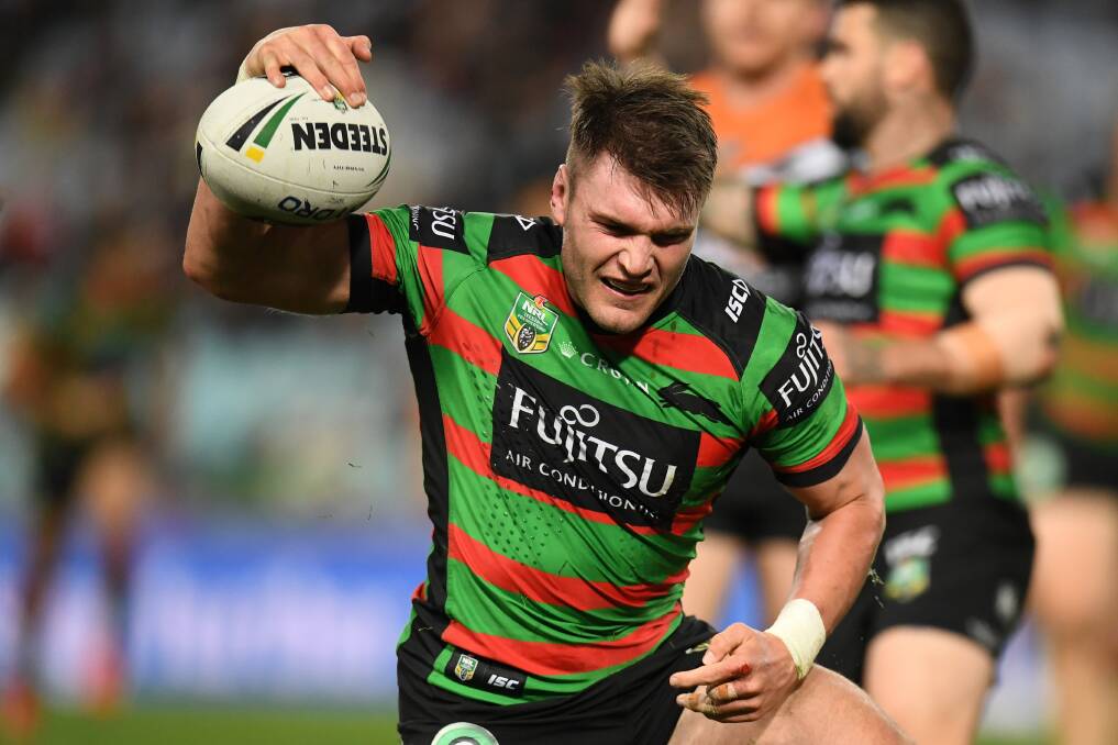 Angus Crichton scores for the Rabbitohs against Wests, This is is his crowning year if he can win a grand final after playing Origin.
