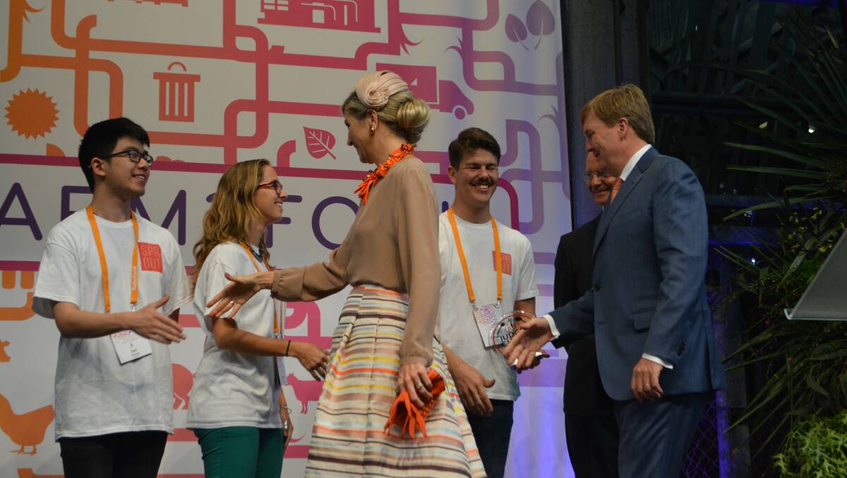 Queen Maxima and King Willem-Alexander of the Netherlands congratulates Sprout Kitchen's Ian Chang, James Jordan and Caroline Aguesse.