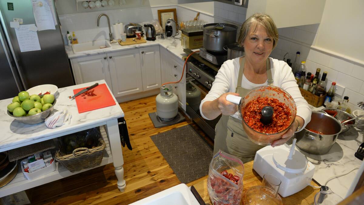 Linda Wilson makes her famous sweet chilli relish from her kitchen in Mudgee. 