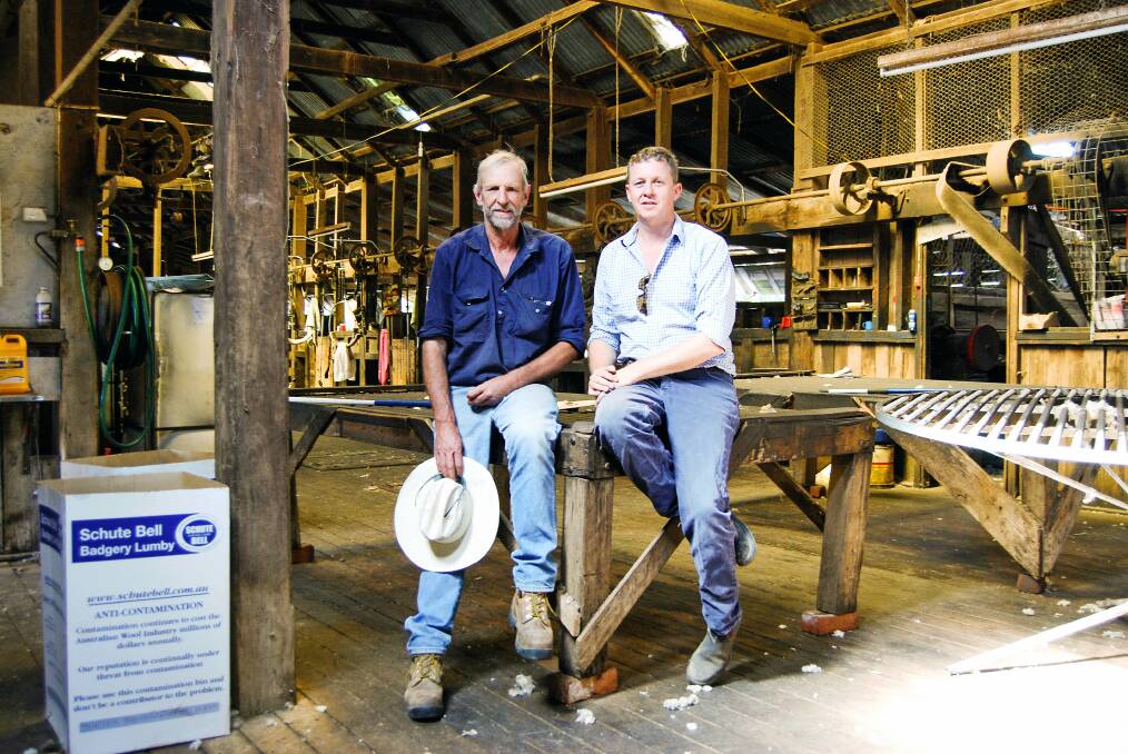 Marshall Baillieu (right) pictured this week with his cousin Hunter White, "Havilah", Mudgee, in Tongy's historic woolshed. 