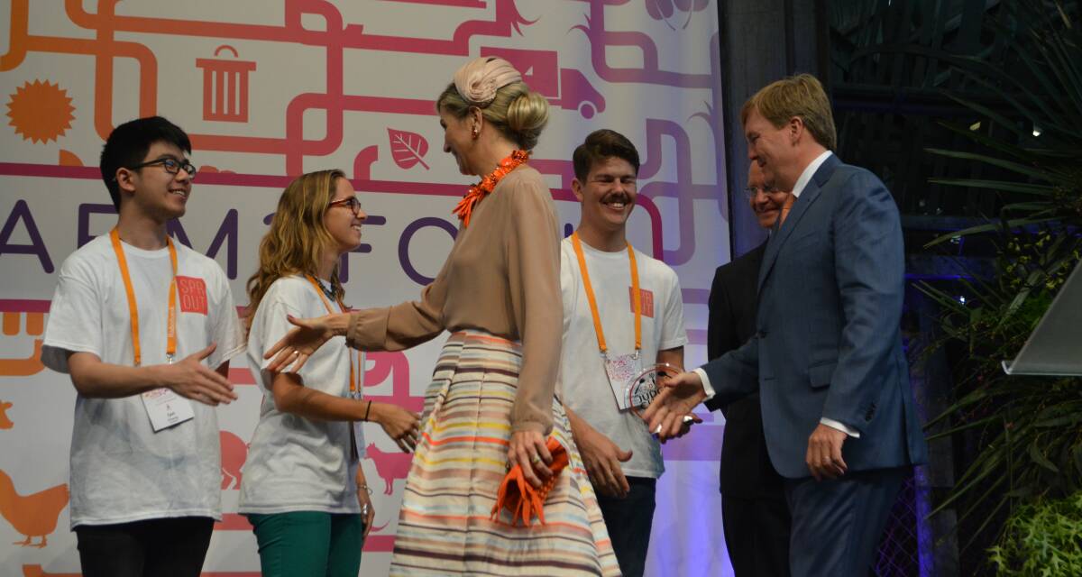 Queen Maxima and King Willem-Alexander of the Netherlands congratulate Sprout Kitchen's Ian Chang, James Jordan and Caroline Aguesse.