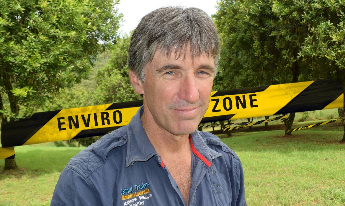 Lismore City councillor and organic macadamia farmer Greg Bennett, Nimbin, says local councils shouldn't be able to apply E-Zones to private land. Photo by Jamie Brown, digitally altered.