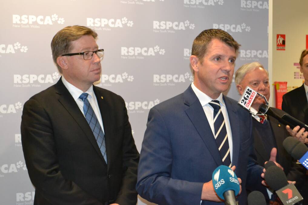 Premier Mike Baird and Deputy Premier Troy Grant at RSPCA’s NSW headquarters in Sydney announcing a Greyhound racing industry transition plan will be developed under a taskforce headed NSW Natural Resources Commissioner, Dr John Keniry .