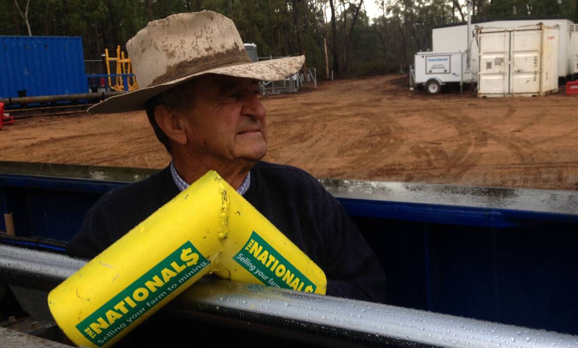 Newil Kennedy's protest sticker takes a shot at the Nationals, saying "National$ selling your farm to mining".