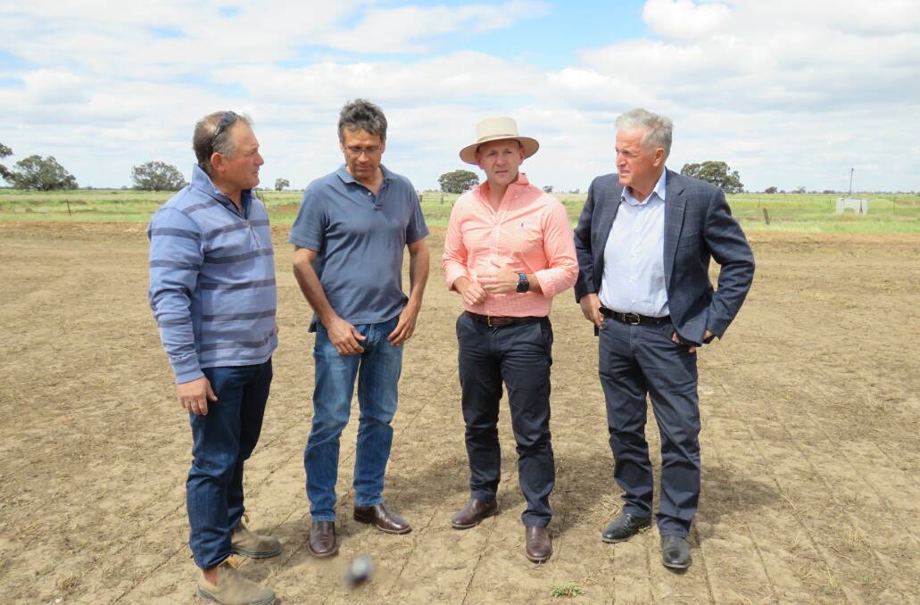 Rice Growers Deniliquin branch president Nick Morona, Rice Growers president Jeremy Morton, Water Minister Niall Blair and SunRice chairman Laurie Arthur in the Riverina in October this year.