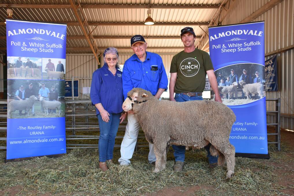 Marita and Peter Routley, Almondvale and Brian Shore, Tumut with the top priced Poll ram.