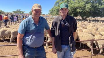 Colin and Adam Black, Caltowie, SA, were having a look at sale conditions at Mount Pleasant, SA, last month. Picture by Kiara Stacey