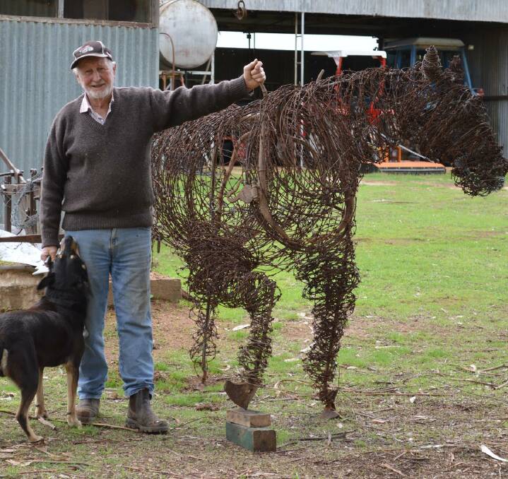 Harold Treasure, “Shareville” Cowra, began building his first life size sculpture two months ago, after restoring an old plough. . 