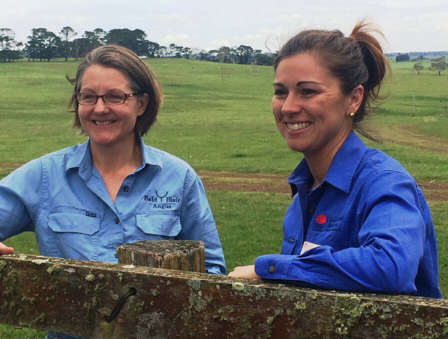 Kirsty White, Bald Blair Angus stud, Guyra, with Ladies in Livestock support group organiser Northern Local Land Services (LLS) pastoral agronomist Georgie Oakes. The sessions aim to provide women with technical on-farm skills. 