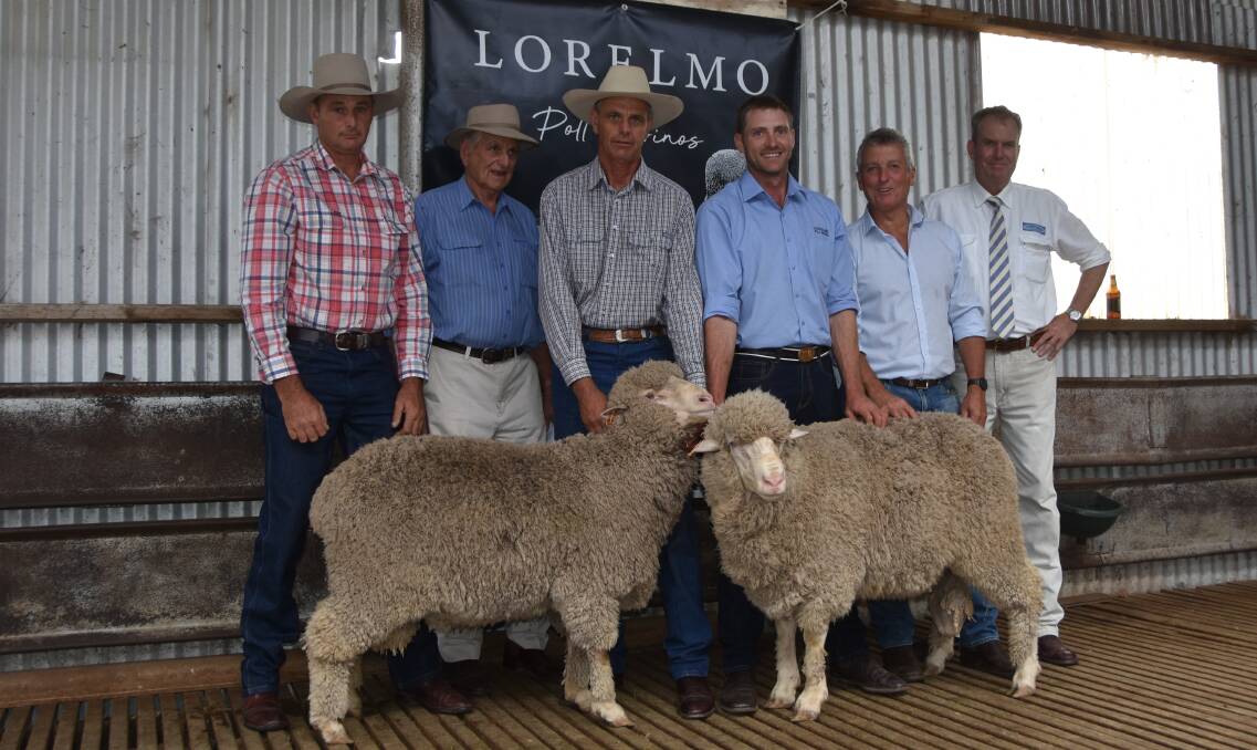 The two $5500 top price rams of the sale with purchasers John, Gordon and Peter Forsyth, Chillcotts Creek, Wallabahdah, Vendor Eddy Cordingley, Lorelmo, Bill Walker, Classings PL and auctioneer Paul Dooley 