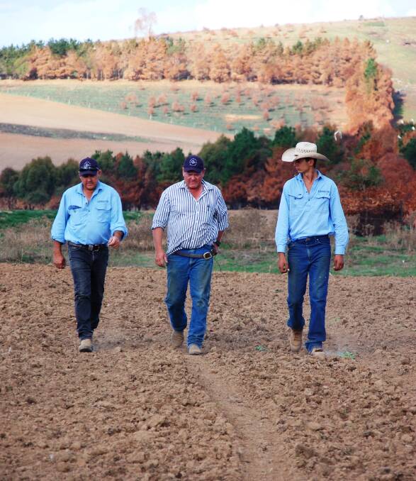Carwoola senior station hand Andrew Sullivan, station manager Darren Price and jackeroo Bailey Burke inspect March-sown winter wheat on a burnt area of the 3135ha Carwoola and nearby “Taliesin” aggregation. 