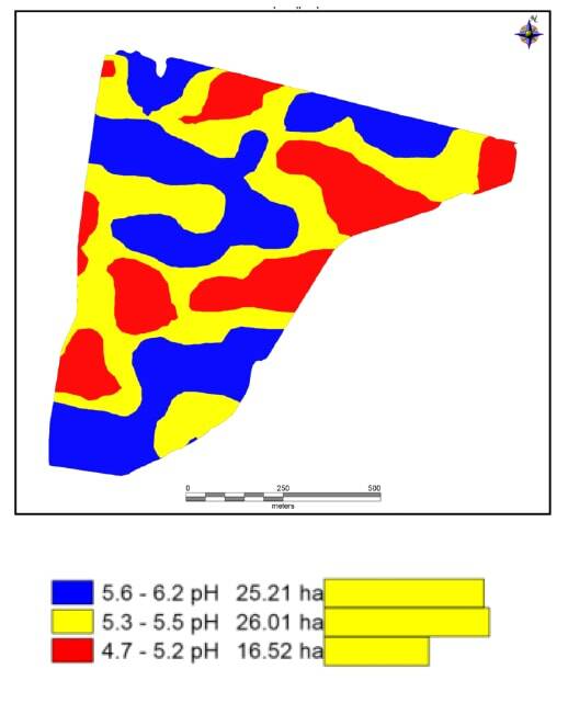 ON THE MAP: A prescription map example. Blue is 5.6-6.2pH, yellow is 5.3-5.5pH and red is 4.7-5.2pH.