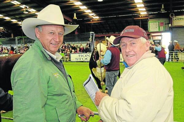 WHITEFACE REWARDS: Larry Williams, Williams Cattle Co, Carrieton (pictured right with Landmark Balaklava's Kelly Evans) is a long-term volume bull-buyer at the Dubbo National Poll Hereford Show and Sale in New South Wales, annually selecting 10 to 20 or more bulls to run on his northern pastoral properties in South Australia.
