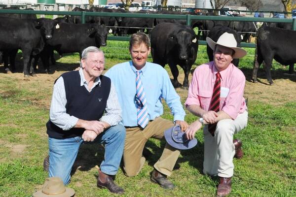Purchaser of the second highest bull, at $18,000, at Thursday’s Millah Murrah Angus Sale at Bathurst, John Woodruff, Witherswood Angus, Victoria; Ross Thompson of Millah Murrah Angus; and livestock agent Paul Dooley, Elders Tamworth.
