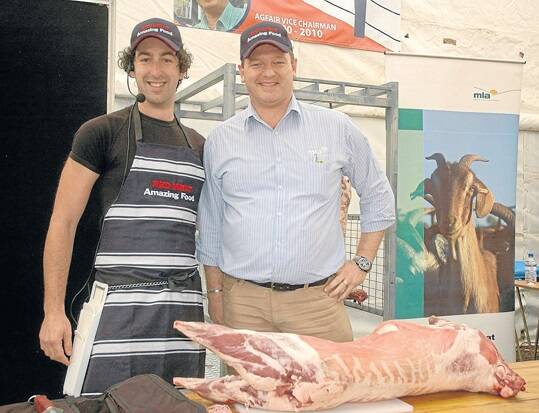 Sydney butcher Daniel Speranza and Meat and Livestock Australia goat meat industry development manager Blair Brice demonstrate the versatility of goat meat to crowds at Broken Hill Agfair.