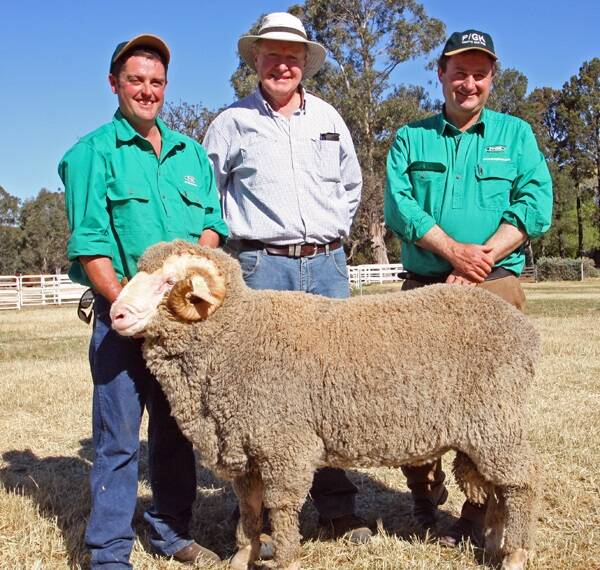 Pooginook assistant manager Sean Carroll, stud classer David Taylor and stud manager John Sutherland with the $10,000 sale topping ram.