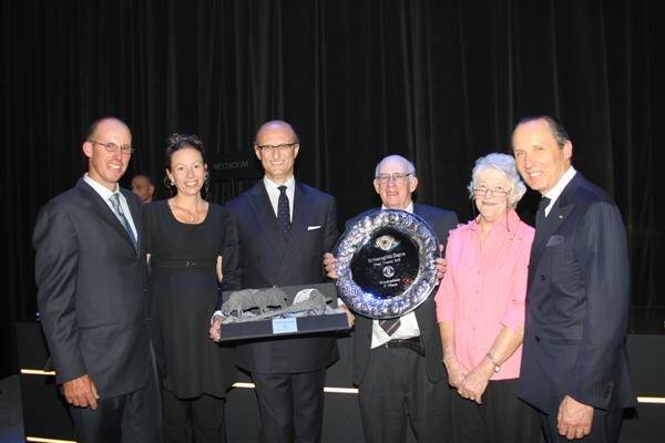 Andrew (left) and Penny Hundy, 'Windradeen', Pyramul via Mudgee, New South Wales, accepted their Zegna wool awards trophies from Zegna Group chairman Paolo Zegna with Andrew's parents Ed and Jill Hundy and Zegna Group CEO Gildo Zegna.