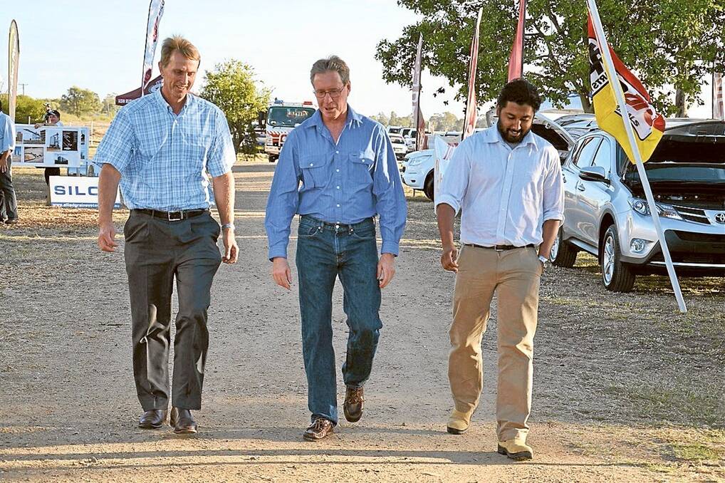 Shine Lawyers solicitors Glen Martin, Toowoomba, Queensland and Peter Shannon, Dalby, Qld, with Cotton Australia mining and CSG policy officer Sahil Prasad, Sydney, at the Australian Cotton Trade Show at Moree.