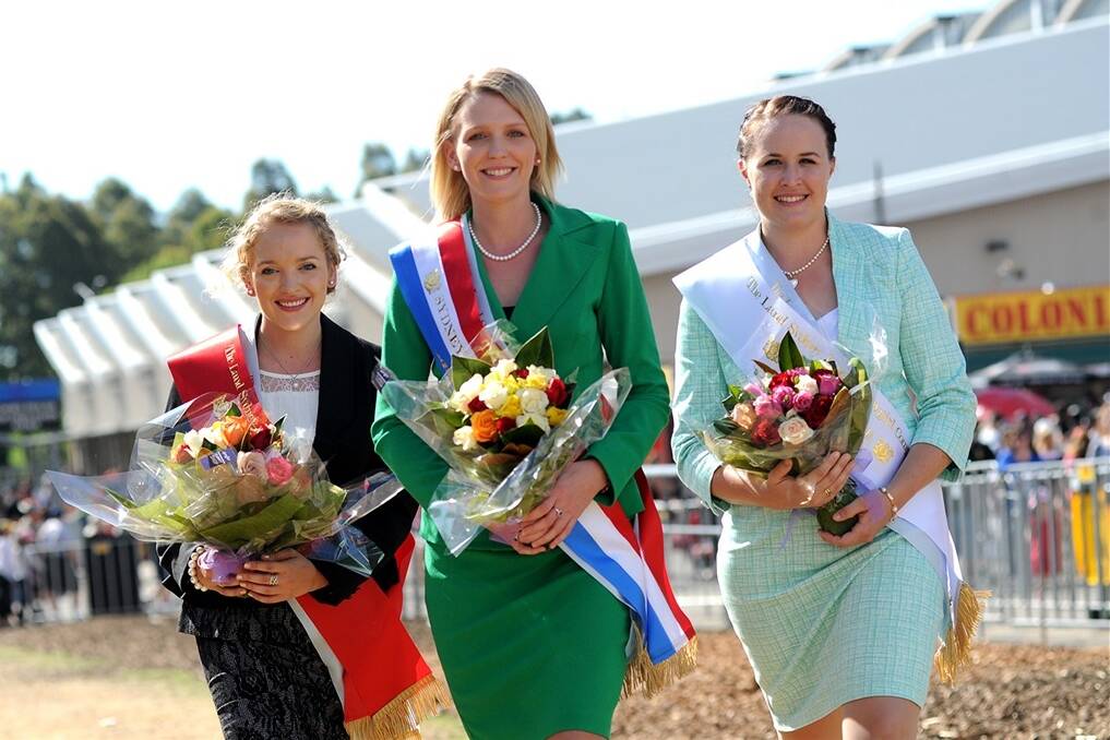 The Land Sydney Royal 2013 Showgirl and Dubbo Showgirl Kennedy Tourle, with runner up and Walgett Showgirl Sarah Groat, and second runner up and Frenchs Forest Showgirl Sally Ormiston. 