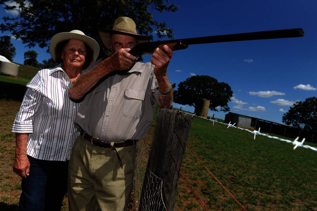Gloria and Bill Gossage, “Park View”, Gulgong, with his double barrel shot gun used to mainly shoot deer, kangaroos and some wild dogs on their properties.