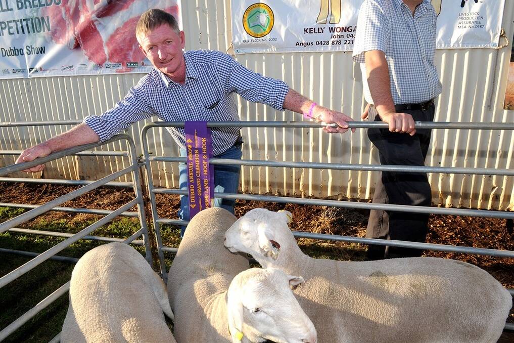 Steve Cresswell, Annalara White Dorpers, Dubbo,  and the remaining three lambs from his pen, after judging. These three lambs made a total of $3100 during the charity auction, with one hitting the top of $1100.