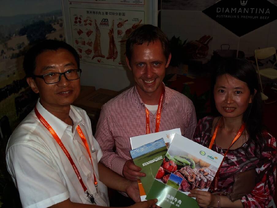 Meat and Livestock Australia’s (MLA) Beijing based marketing administration assistant Li Qiang with Stanbroke’s Japan, Korea and China sales manager Mark Harris and MLA trade development officer Shirley Du promoting Australian beef and sheepmeat exports at the international meat industry exhibition in Beijing.