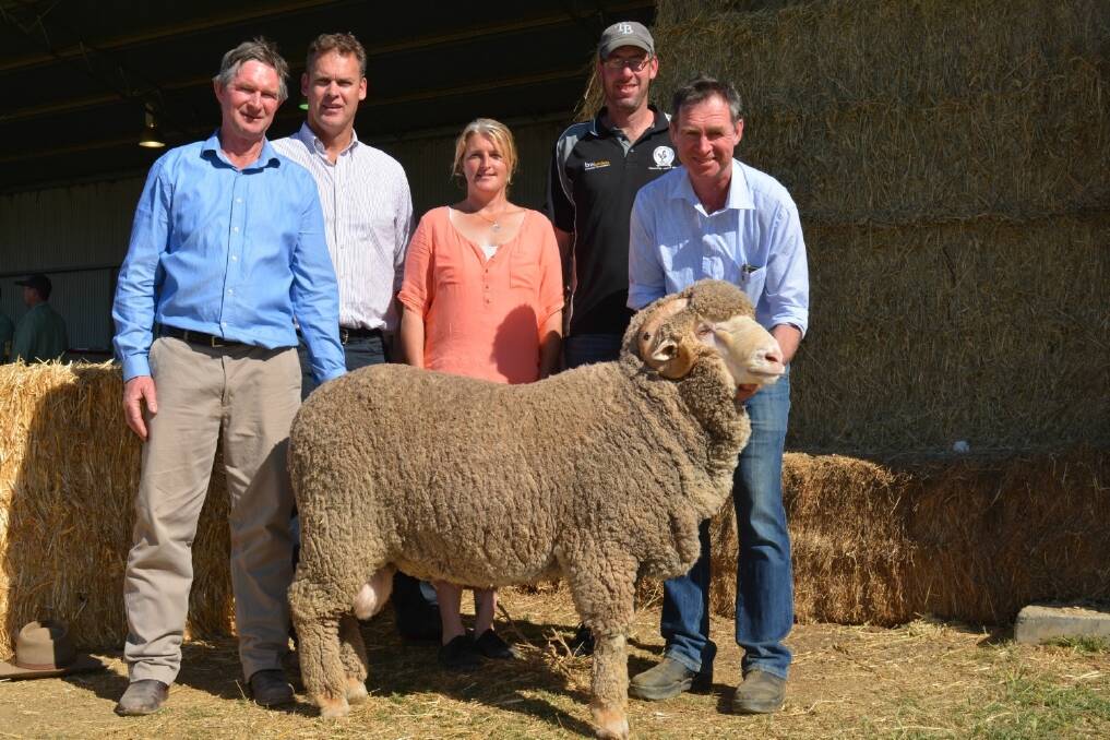 Demondrille co-principal Patrick Davis, Tim Lord, Arcadian Wool Brokers, Geelong, Tim and Jodie Barry, TB/Lordclyde, Clunes Vic  (buyers of the top priced $4250 ram) and co-principal Demondrille stud, Andrew Davis. 