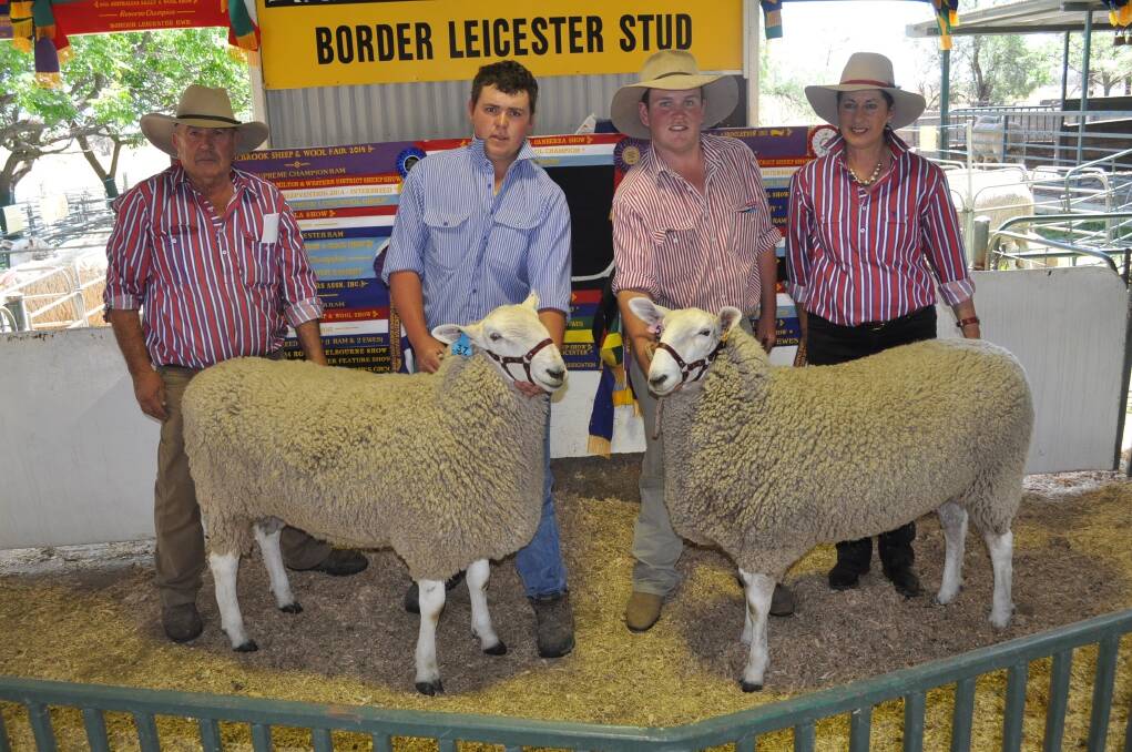 Retallack Border Leicester stud principals Graham (left) and Isabella (right) Grinter, Ariah Park with top priced ram and ewe buyers Matthew and Ben Simmons, Talbragar Border Leicesters, Leadville, paid $5500 and $1660 for.