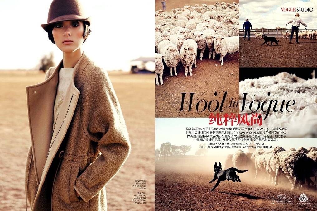 Chinese supermodel Emma Pei modelling fashion made from Australian wool at Wyvern for Vogue.