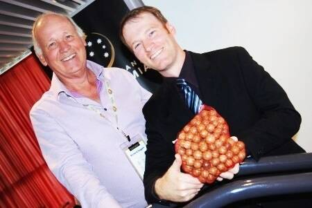 Australian Macadamia Society chairman Richard Doggett with California almond expert Dr David Doll at the recent macadamia industry conference in Lismore.