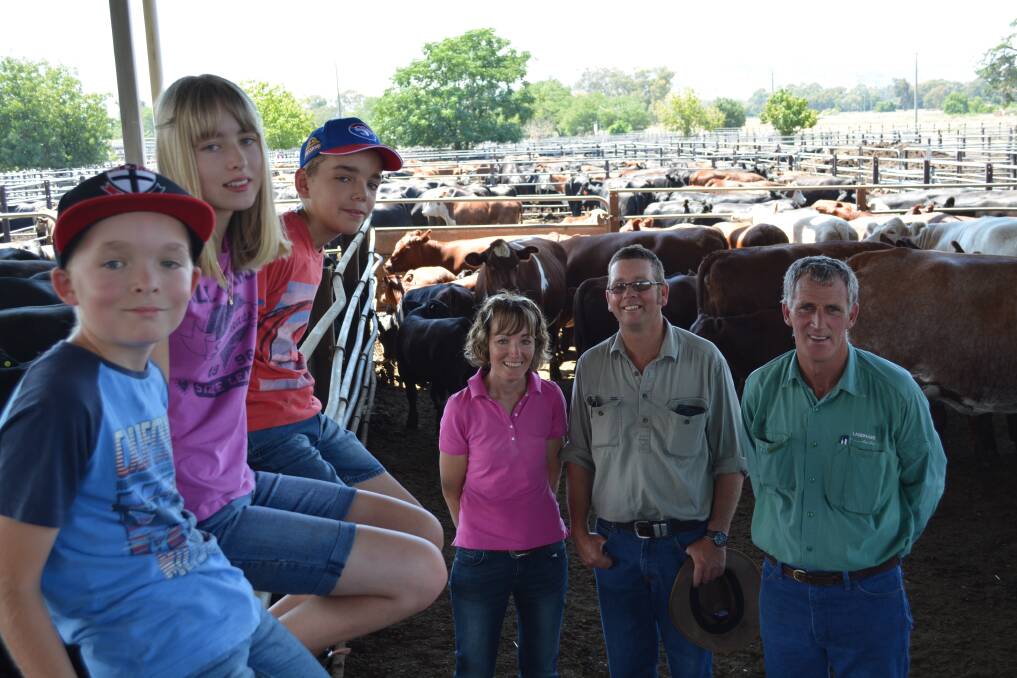 Woodhouse producers the Fenwick family purchased the top-priced pen of cows and calves at Wodonga, paying $1720 for 22 by 23 Shorthorns. Pictured is Oliver, 10, Taylah, 14, and Liam, 12, with parents Deb and Alan Fenwick, and their agent Darren Dawson, Landmark Hamilton