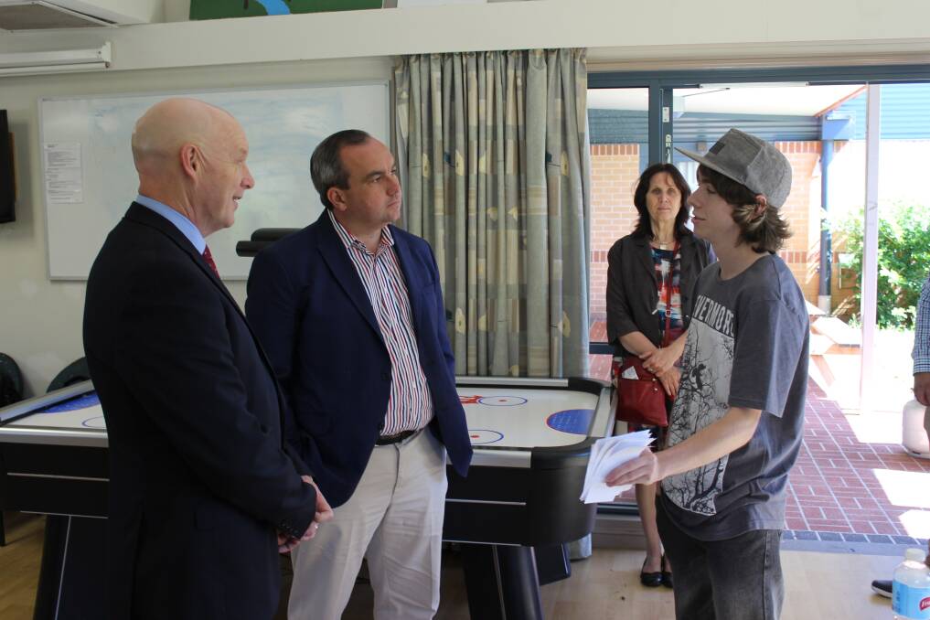 Campbelltown MP Bryan Doyle and  Mental Health Minister Jai Rowell speaking with Y-POP program participant Tyler Smith.