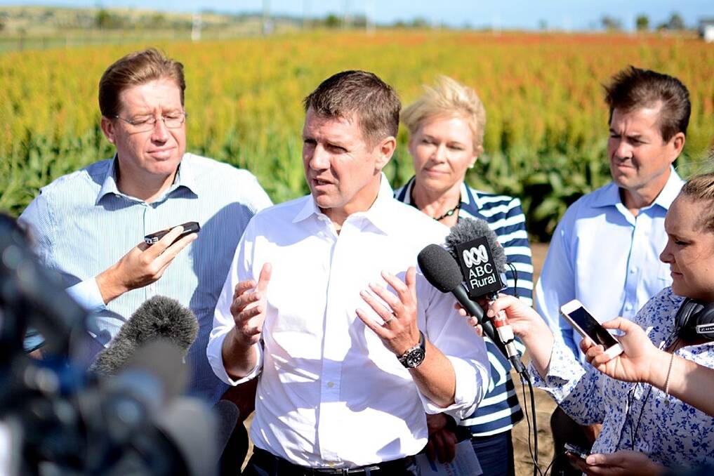 NSW Premier Mike Baird with Deputy Premier Troy Grant, Primary Industries Minister Katrina Hodgkinson and local member Kevin Anderson at Tamworth.